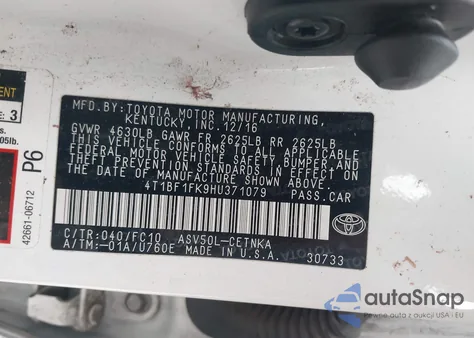2017 Toyota Camry Le z USA, uszkodzony, nr VIN 4T1BF1FK9HU371079